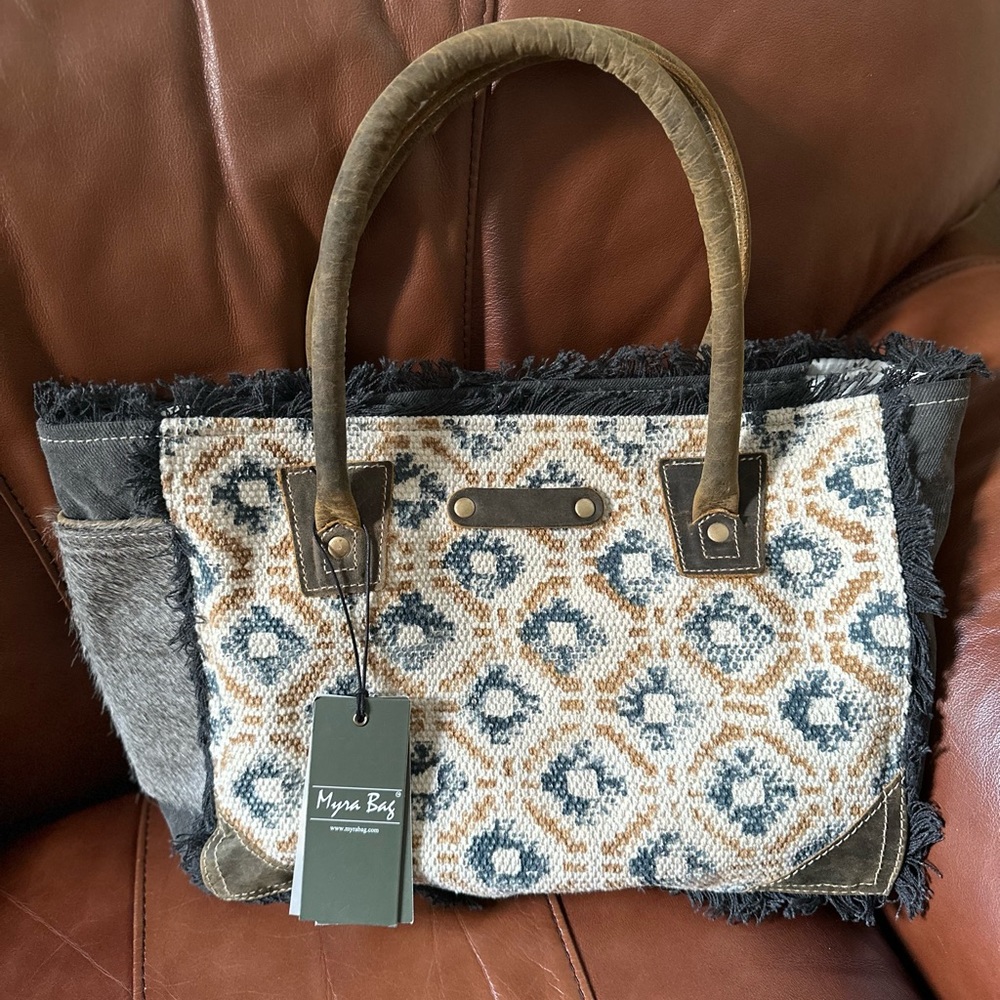 Myra Bags Upcycled Canvas Leather Rug Tote 12” X 9” X 4” NWT